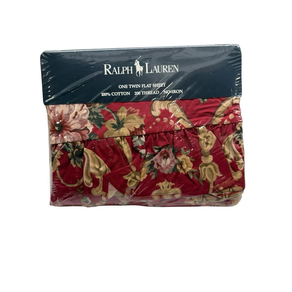 VTG Ralph Lauren Twin Flat Sheet Ruffle Edge DANIELLE Red Floral NIP
